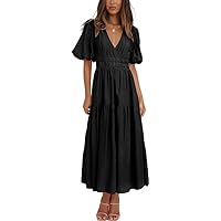 Woolicity Womens Summer Maxi Dress Wrap V Neck Short Sleeve Beach Flowy Long Dresses Black L