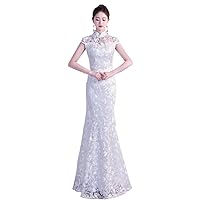 White Women Elegant Collar Bridal Wedding Dress Slim Cheongsam Mermaid Trim Long Qipao