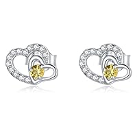 Indi Gold & Diamond Jewelry 925 Sterling Silver Round Cut Created White Diamond & Citrine Heart Shape Stud Earring 14k White Gold Finish
