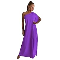 Wedding Guest Dress One Shoulder Split Sleeve Maxi Dress (Color : Violet Purple, Size : Medium)