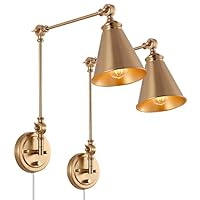 Modern Plug In Wall Sconce, Cordless Gold Brass Swing Arm Wall Lamp For Bedroom Bedside, Universal Adjustable Wall Light Fixtures, Wall Mount Reading Light For Living Room, 2-Pack