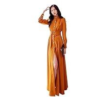 Women Spring Autumn Ankle-Length Dress Stand Collar Long Sleeve Elegant A-Line