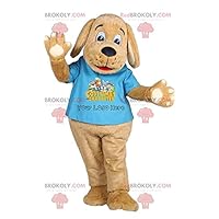 Beige dog REDBROKOLY Mascot with a sky blue t-shirt