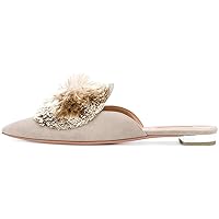 Mules for Women, Puff Pompom-Embellished Slip On Loafers Backless Pointed Toe Satin Mule Slides