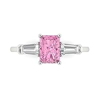 1.97ct Emerald Baguette cut 3 stone Solitaire with Accent Pink Simulated Diamond designer Modern Ring 14k White Gold