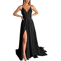 Women's Long Satin Prom Dresses with Pockets A-Line Slit Criss Cross Back Party Gowns