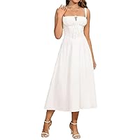 Women's Summer Solid Lace Up Ruched Split Thigh Tie Front Dress, Elegant Adjustable Strap Square Neck Midi A Line Dress