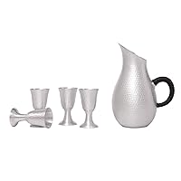 999 Sterling Silver Sake Cup Decanter Set, Handmade hammered Lines, Six Sided Gathering of Blessings Sake Decanter Cups, 5 piece set
