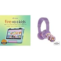 All-new Fire HD 8 Kids Tablet Bundle. Includes Fire HD 8 Kids Tablet |Disney Princess & Made For Amazon PlayTime Volume Limiting Bluetooth Kids Headphones Age (3-7)|Purple