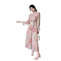 2024 Spring Womens Chiffon Floral Collared Puff Sleeve Goddess Necklace Belted Ruffles Layered Pleated Maxi Shirt Dress#8019