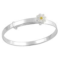 Kids Jewelry - Silver Enamel Daisy Adjustable Bangle Bracelet For Girls