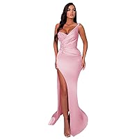 Tsbridal Prom Dresses Satin Mermaid 2024 One Shoulder Long Slit Beaded Formal Evening Party Bridesmaid Gowns for Women