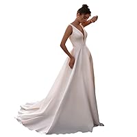 Long Satin Wedding Dresses with Pockets A-Line V-Neck Zipper Back Bridal Gown for Women