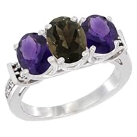 10K White Gold Natural Smoky Topaz & Amethyst Sides Ring 3-Stone Oval Diamond Accent, Sizes 5-10