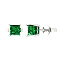 1.50 ct Princess Cut Solitaire VVS1 Fine Simulated Emerald Pair of Stud Earrings Solid 18K White Gold Butterfly Push Back