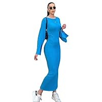 Knit Flare Sleeve Maxi Dress Women Patchwork Split O-Neck Female Long Dresses Solid Hip Package Lady Slim Robe