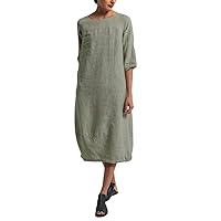 Summer Women Vintage Dresses Solid Color O Neck Half Sleeve Linen Soft Loose Length Midi Dress