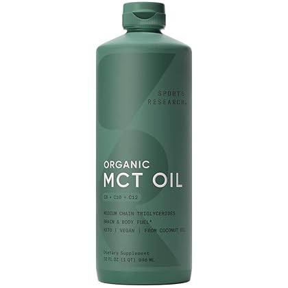 Sports Research Keto MCT Oil from Organic Coconuts - Fatty Acid Fuel for Body + Brain - Triple Ingredient C8, C10, C12 MCTs - Perfect in Coffee, Tea, & More - Non-GMO & Vegan - Unflavored (32 Oz)