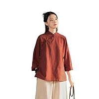 Long Sleeve Women's Chinese Button Top Linen Blouse Solid Chinese Shirt