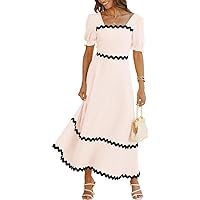 Women Beach Maxi Dress Square Neck Short Puff Sleeve Long Dress Flowy Long Maxi Dresses 2024 Summer Dresses