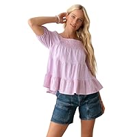 Boho Short Puff Sleeve Smocked Ruffle Hem Summer Top for Women Lavander