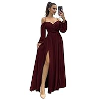 Women's Off The Shoulder Long Sleeve Bridesmaid Dresses Spaghetti Strap Empire Waist Wedding Guest Gown with Slit