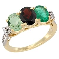 14K Yellow Gold Natural Green Amethyst, Garnet & Emerald Ring 3-Stone 7x5 mm Oval Diamond Accent, Sizes 5-10