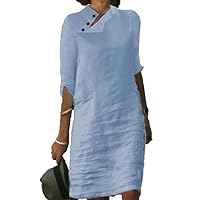 Womens Casual Summer Linen Dress Loose Fit Half Sleeve Midi Length Stand Collar Linen Shift Dress with Pockets