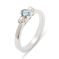925 Sterling Silver Natural Blue Topaz & Cultured Pearl Womens Trilogy Ring - Sizes 4 to 12 Available