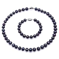 JYX Pearl Necklace Set AA+ 10-11mm Black Pearl Necklace Round Freshwater Pearl Necklace and Bracelet Set for Women