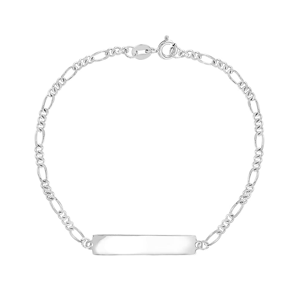 925 Sterling Silver Classic Figaro Chain Identification Tag Bracelet for Girls & Boys - Personalized Name Plate Bracelet for Young Teens & Teens - Simple Plain ID Charm Bracelets for Daily Accessory