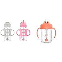 Dr. Brown's Milestones Wide-Neck Sippy Straw Bottle with 100% Silicone Handles and Weighted Straw & Dr. Brown’s Milestones Baby’s First Straw Cup, Training Cup with Weighted Straw, Coral, 6m+