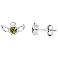 Created Round Cut Green Peridot 925 Sterling Silver 14K Gold Over Diamond Angel Wings Stud Earring for Women's & Girl's