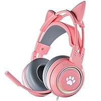 Pink Cat Ear Stereo Gaming Headset for PS4 PC PS5 Xbox One, Noise Cancelling Headphones with Mic, Surround Bass, RGB Lights, Soft Earmuffs, 3.5mm Aux Wired Headset for Mac Laptop Girls Kids