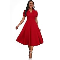 Womens Short Puff Sleeve V Neck Casual Semi-Formal Cocktail Party A-Line Dress
