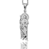 San Judas Men Women 925 Italy Iced Silver Charm Ice Out Pendant Stainless Steel Real 3 mm Rope Chain, Mans Jewelry, Iced Pendant, Rope Necklace 16