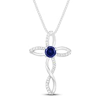 0.50 CT Round Created Blue Sapphire Twit Cross Pendant Necklace 14k White Gold Finish
