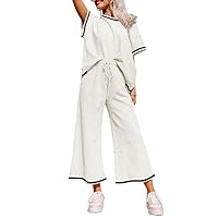 SHEWIN Women's 2 Piece Outfits Sweatsuit Casual Short Sleeve Pullover Tops and Drawstring Wide Leg Pants Lounge Sets