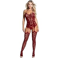 Women Fishnet Bodystocking Attached Stockings Sexy Lingerie Crotchless Bodysuit One Piece Babydoll One Size