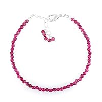 Natural Ruby 3mm Round Shape Faceted Cut Gemstone Beads 7 Inch Adjustable Silver Plated Clasp Bracelet For Men, Women. Natural Gemstone Link Bracelet. | Lcbr_05356