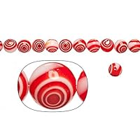 Glass Beads, Cream White Base with red Stripes, 10mm Round. Sold per 38pcs/36cm String