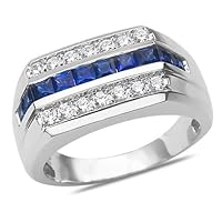 The Diamond Deal 14k SOLID White Gold Mens 3 Row Round Shaped 3/8ct Diamond And 1.00Ct Sapphire Gemstone Wedding Band Ring