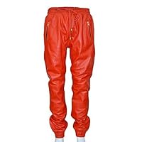 Mens Red Napa Real Soft Leather Trousers Sweat Track Pant Zip Jogging Bottom 3040