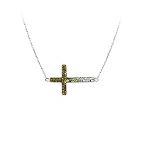 925 Sterling Silver Side ways Adjustable Grad Clear Green Crystal Religious Faith Cross Necklace 18 Inch Jewelry for Women