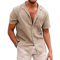 Mens Cotton Blend Shirts Hawaiian Shirts Top Short Sleeve T Shirts Solid Lapel Shirt Holiday Casual Classic Clothes 2024