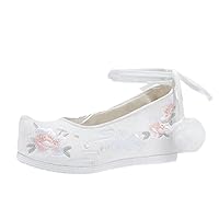 Cocked Toe Ancient Style Women Cotton Fabric Shoes Ankle Strap Embroidery Dancing Shoe Ladies Pumps White Cotton Fabric 8