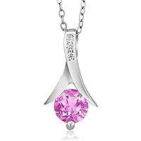 5mm Round Cut Created Pink Sapphire Solitaire Pendant Necklace With Diamond Accents in .925 Sterling Silver Valentine’s Day Love Gift