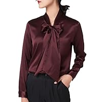 Spring/Autumn Heavyweight Mulberry Silk Blouse for Women - Long Sleeve Satin Silk Shirt with V-Neck Bow Ribbon
