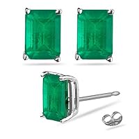 Natural Emerald Cut Emerald Stud Earrings in 18K White Gold From 5x3MM - 8x6MM