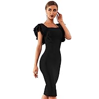 Luxury Women Evening Gown Dress Black Sexy Bandage Ruffle Butterfly Sleeve Bodycon Party Club Dress